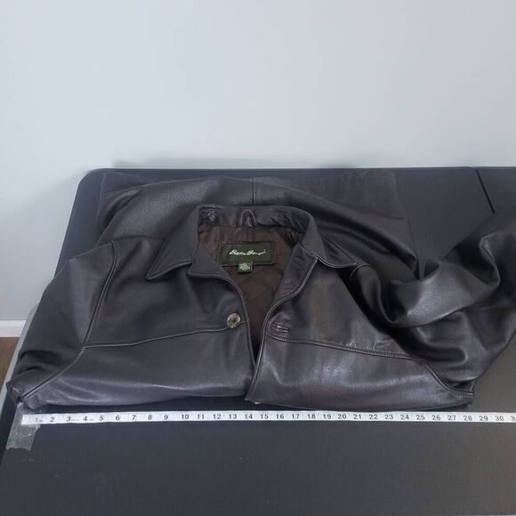 VTG Eddie Bauer Mens Leather Coat Jacket Brown Sz XLT Quilted Long Button Front - Picture 7 of 8